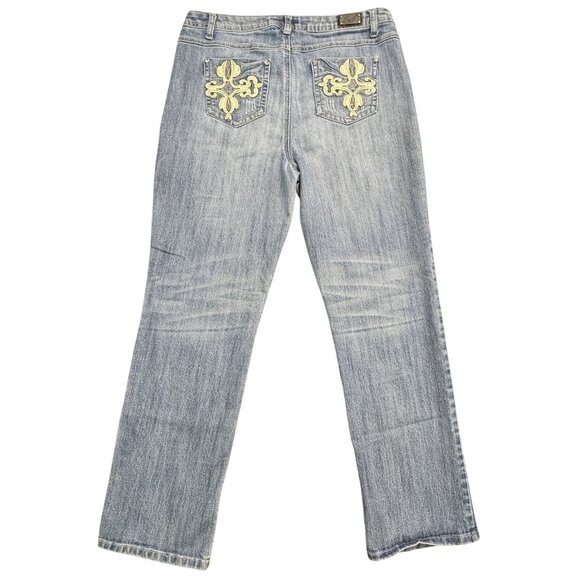 Earl Jean Womens 12 Blue Denim Straight Leg Jeans Mid Rise Embellished Pockets - Picture 2 of 14